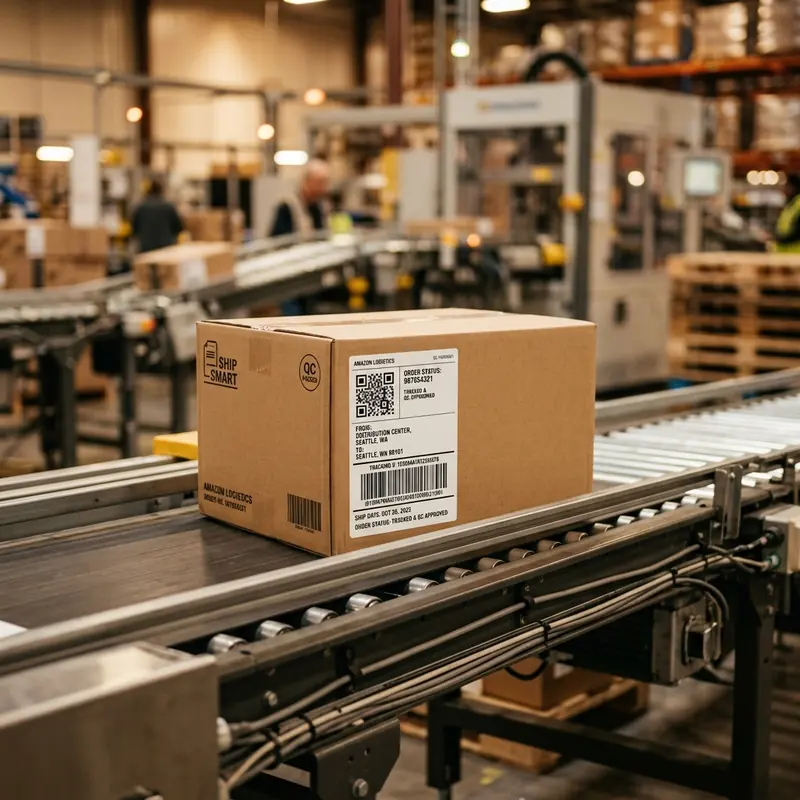 Labeled carton moving along a conveyor belt in a fulfillment warehouse