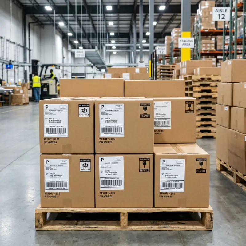 Labeled shipping cartons stacked on a wooden pallet in a warehouse