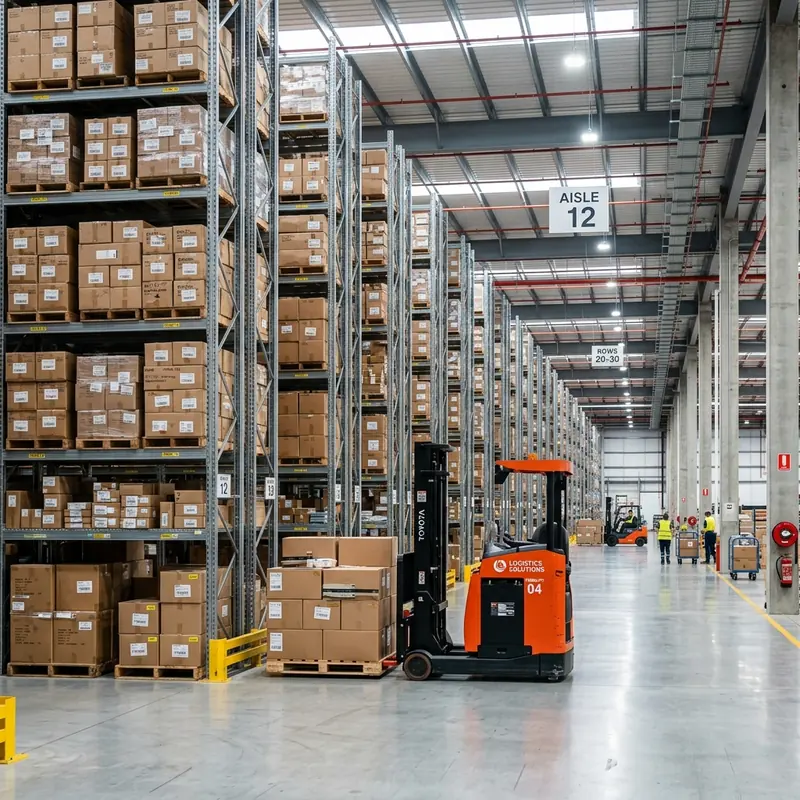 Palletized wholesale inventory stored on racking in a distribution warehouse